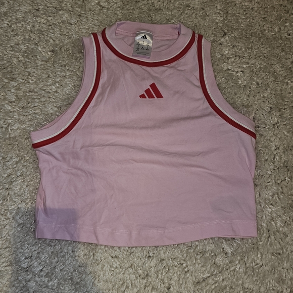 adidas Tops - Adidas Women’s Pink Sleeveless Crop Top Size M Athletic Tank Retro Trim Logo Spo